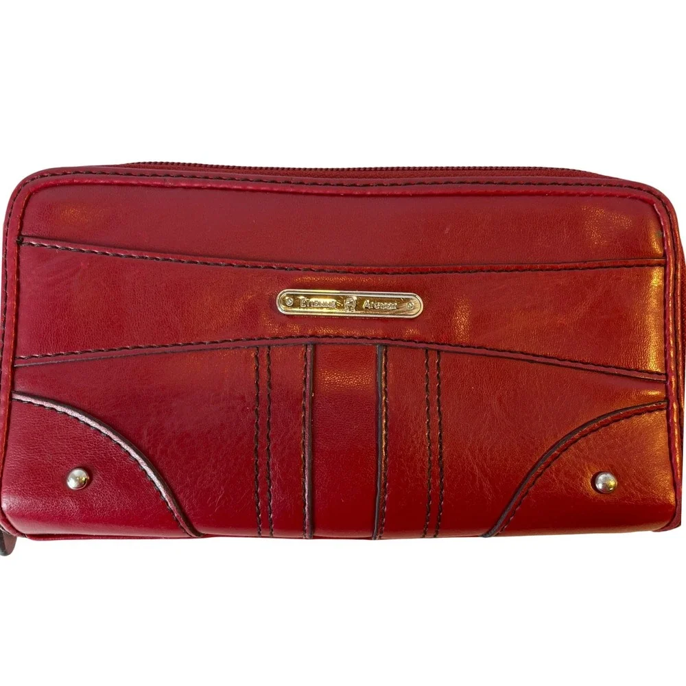 Etienne Aigner Red Leather Zip Around Organizer Wallet Clutch Gold Hardware
